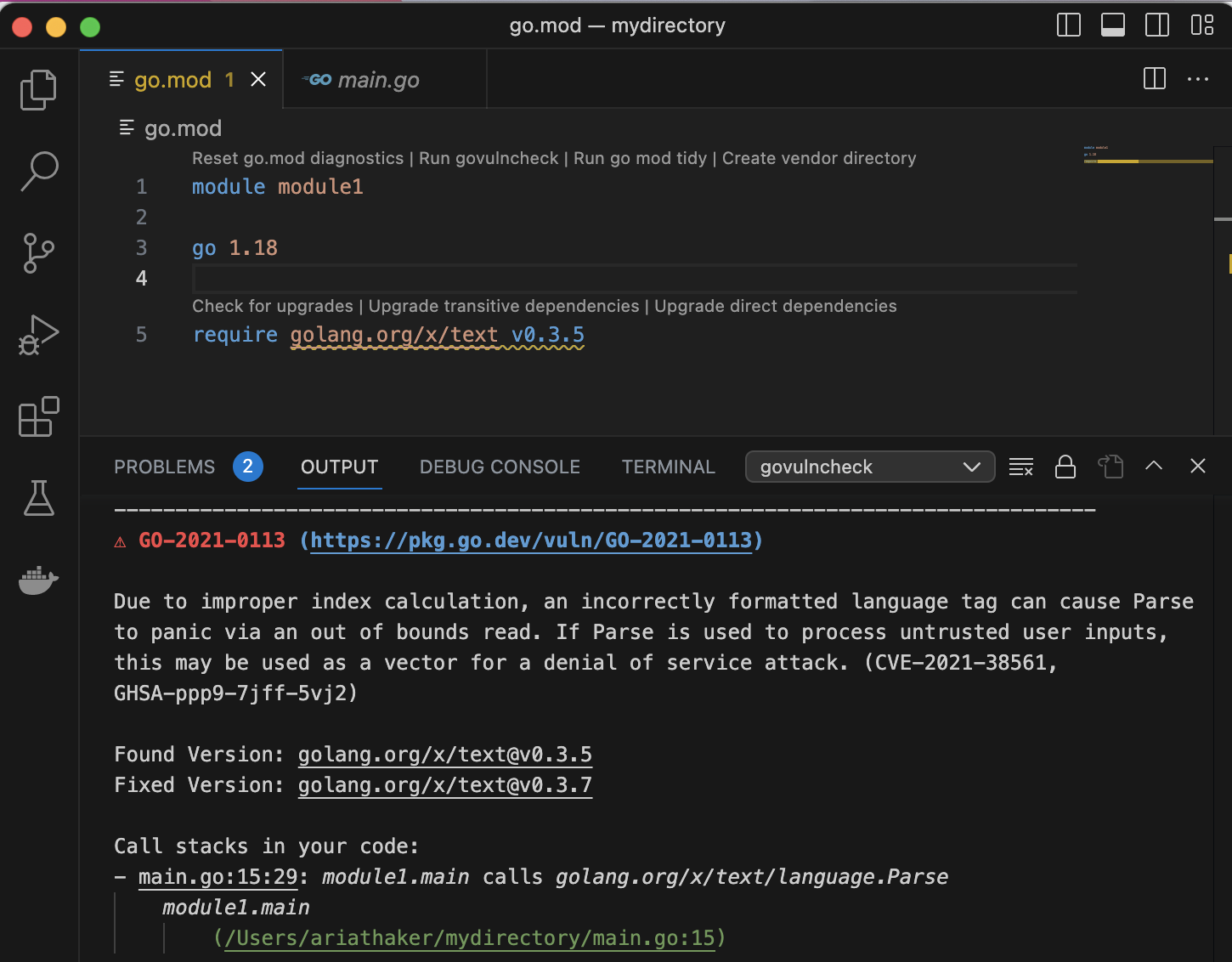 VS Code Go govulncheck output